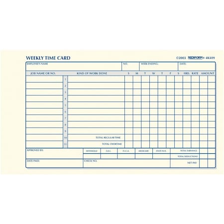 Rediform Form, Time Tickt, Wkly, 4.25X7 Pk RED4K409